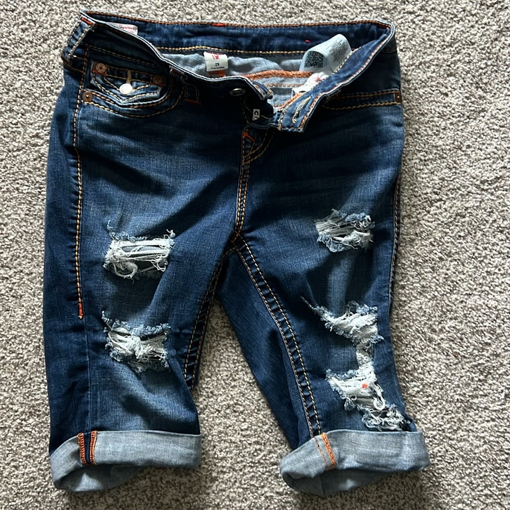 True Religion Blue Distressed Jean Shorts - Picture 7 of 10